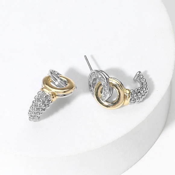 14K GP Two Tone CZ Stone Mini Hoop Earrings - Picture 1 of 4